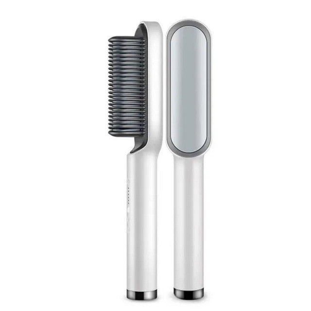 Revive Hair white negative ion straightening comb showing anti-scald heated bristles and sleek ceramic design.
