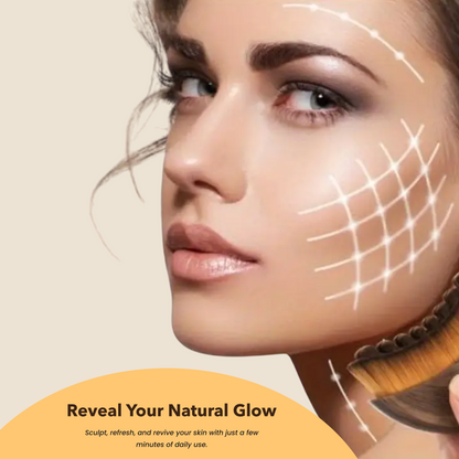 RadiantGlow Lymphatic Facial Brush used on a woman's face with white graphics showing sculpting and lifting massage paths.