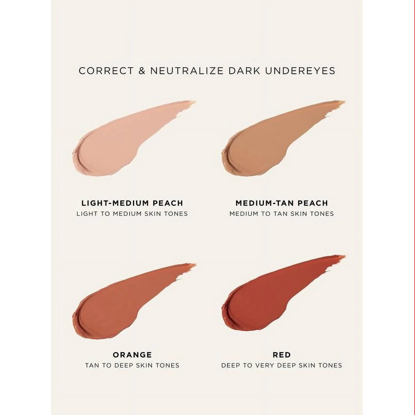 K-Beauty undereye corrector swatches in peach, orange, and red shades for various skin tones to cover dark circles.