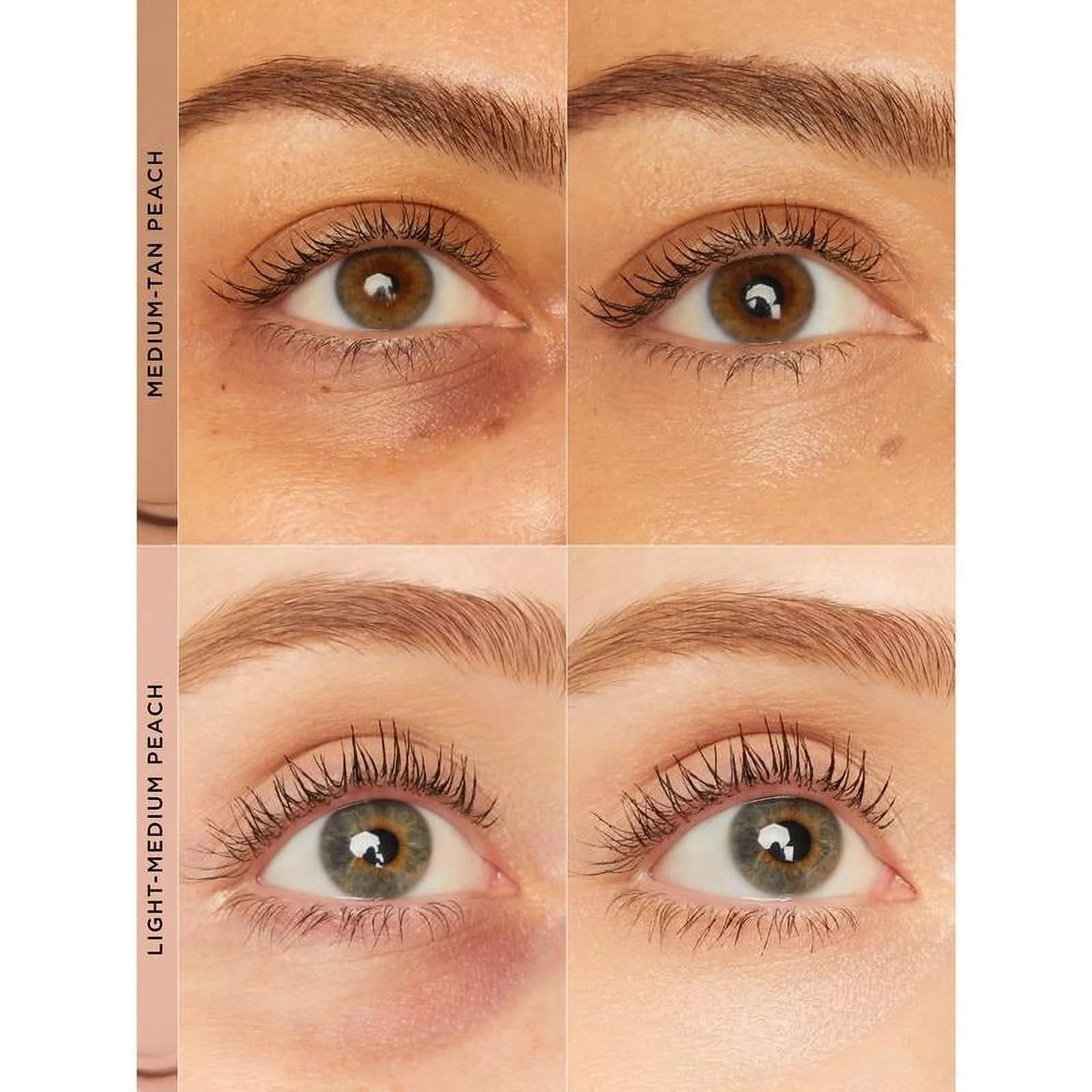 Before and after using K-Beauty CC undereye corrector concealer on dark circles for medium-tan and light-medium peach skin.