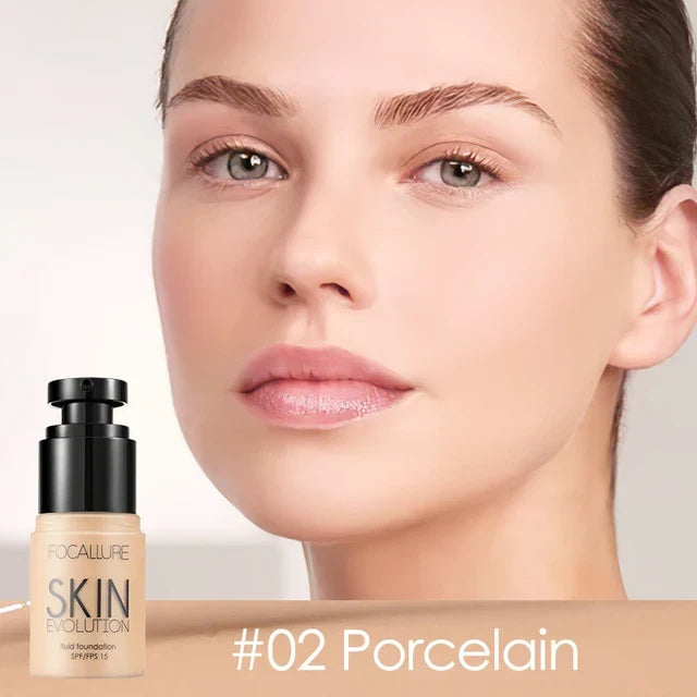 Focallure MatteBlend Foundation bottle in shade #02 Porcelain next to a model with a flawless matte finish.