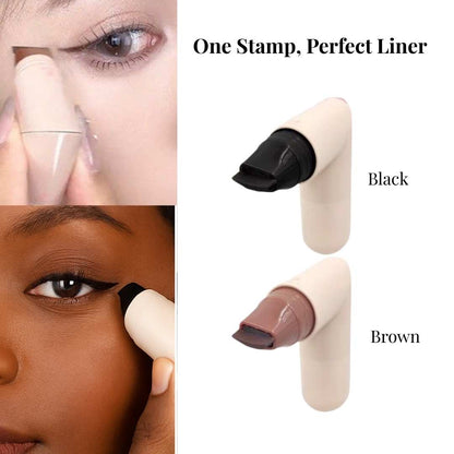 Winged eyeliner stamp in black and brown being applied to eyes for a perfect smudge-proof wing. Two-color applicator set.