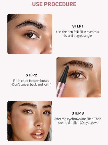 3-step tutorial using a micro-fork eyebrow pencil to create natural, 3D hair-like strokes for defined eyebrows.