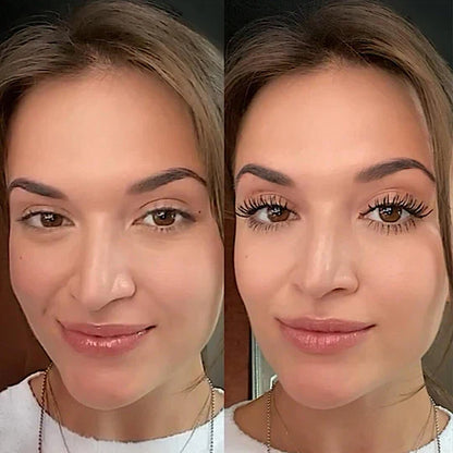 Before and after comparison of Instant Fiber Lash Mascara showing dramatic volume and length on a woman's eyelashes.