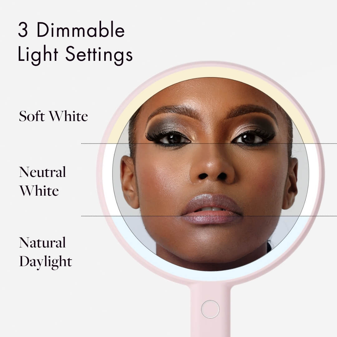 Cami LED makeup mirror showing 3 dimmable light settings: Soft White, Neutral White, and Natural Daylight.