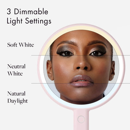 Cami LED makeup mirror showing 3 dimmable light settings: Soft White, Neutral White, and Natural Daylight.