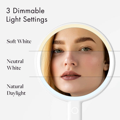 Cami LED Lighted Handheld Mirror showing 3 dimmable light settings: Soft White, Neutral White, and Natural Daylight.