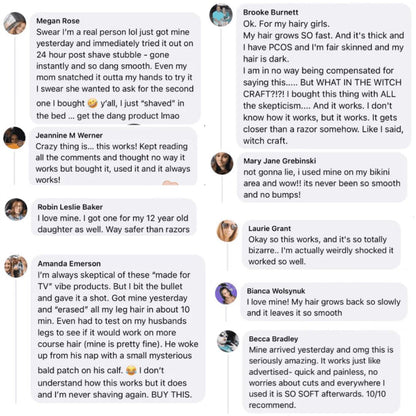 Positive customer reviews and testimonials for the GlowShave 2-in-1 women's body shaver and painless electric razor.