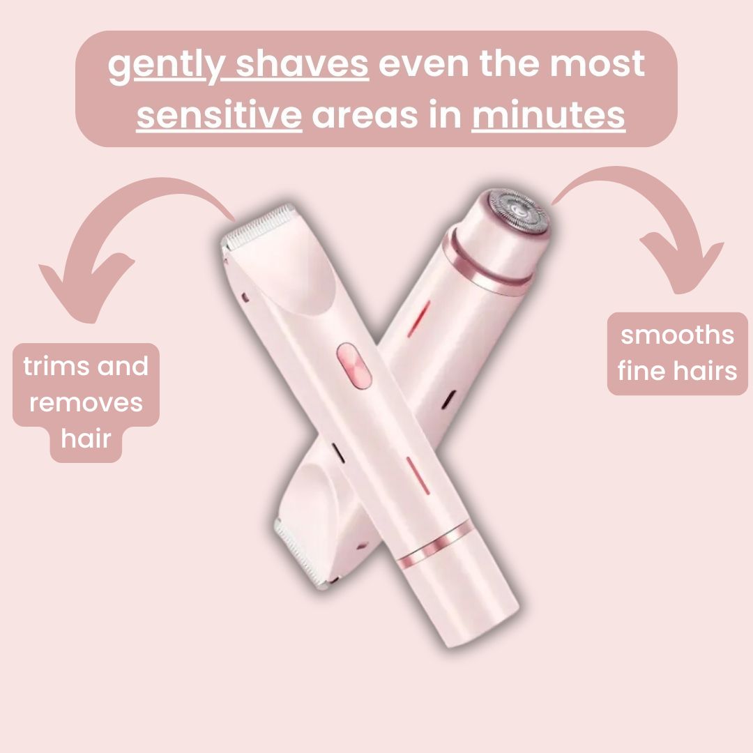 Pink GlowShave 2-in-1 body shaver infographic showing the trimmer for hair removal and rotary head for smoothing fine hair.