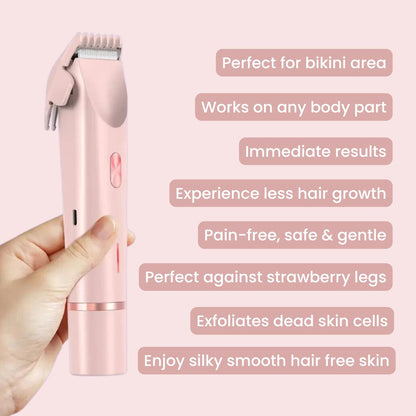 GlowShave 2-in-1 pink body shaver for women with benefits list including painless bikini area trimming and smooth skin.