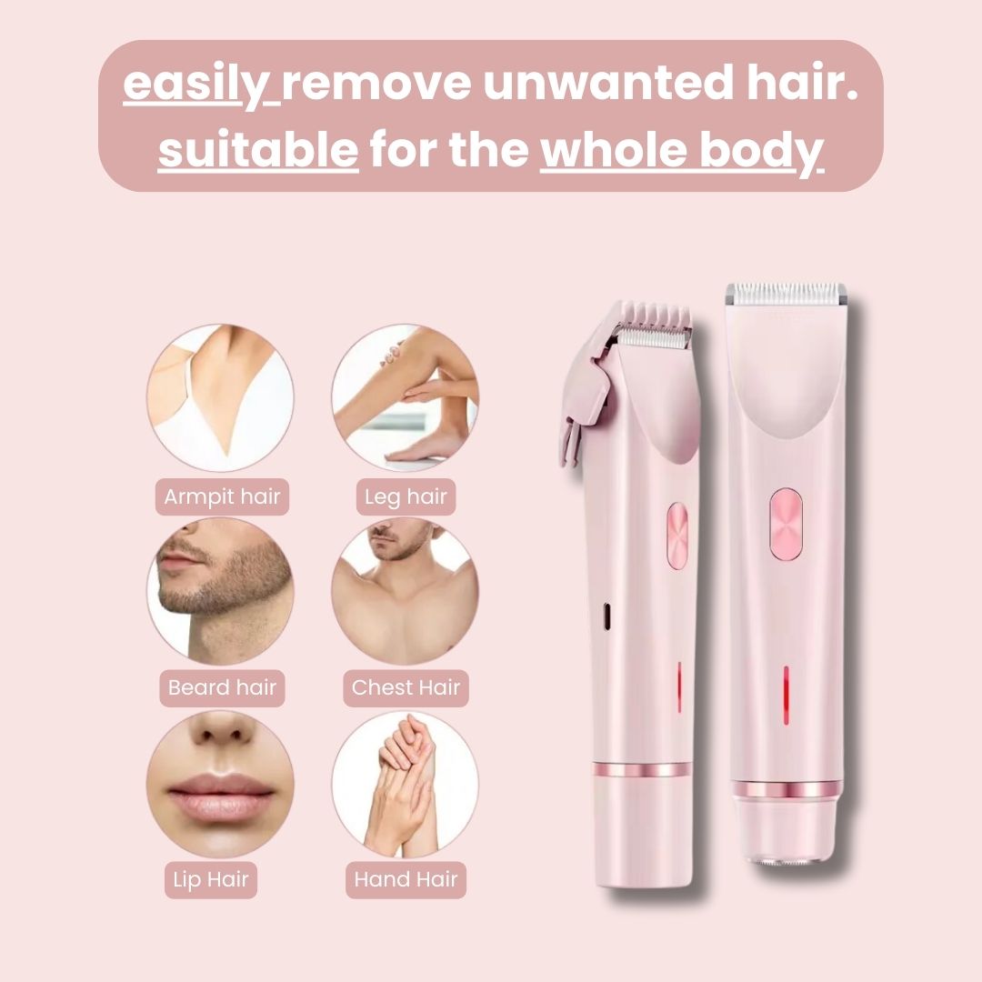 GlowShave pink 2-in-1 cordless body shaver for women and men, featuring interchangeable heads for face, arms, and legs.