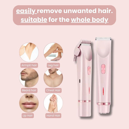 GlowShave pink 2-in-1 cordless body shaver for women and men, featuring interchangeable heads for face, arms, and legs.
