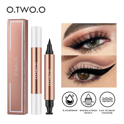 O.TWO.O Dual-Action Winged Eyeliner Stamp and rose gold pen with cat-eye makeup application examples.