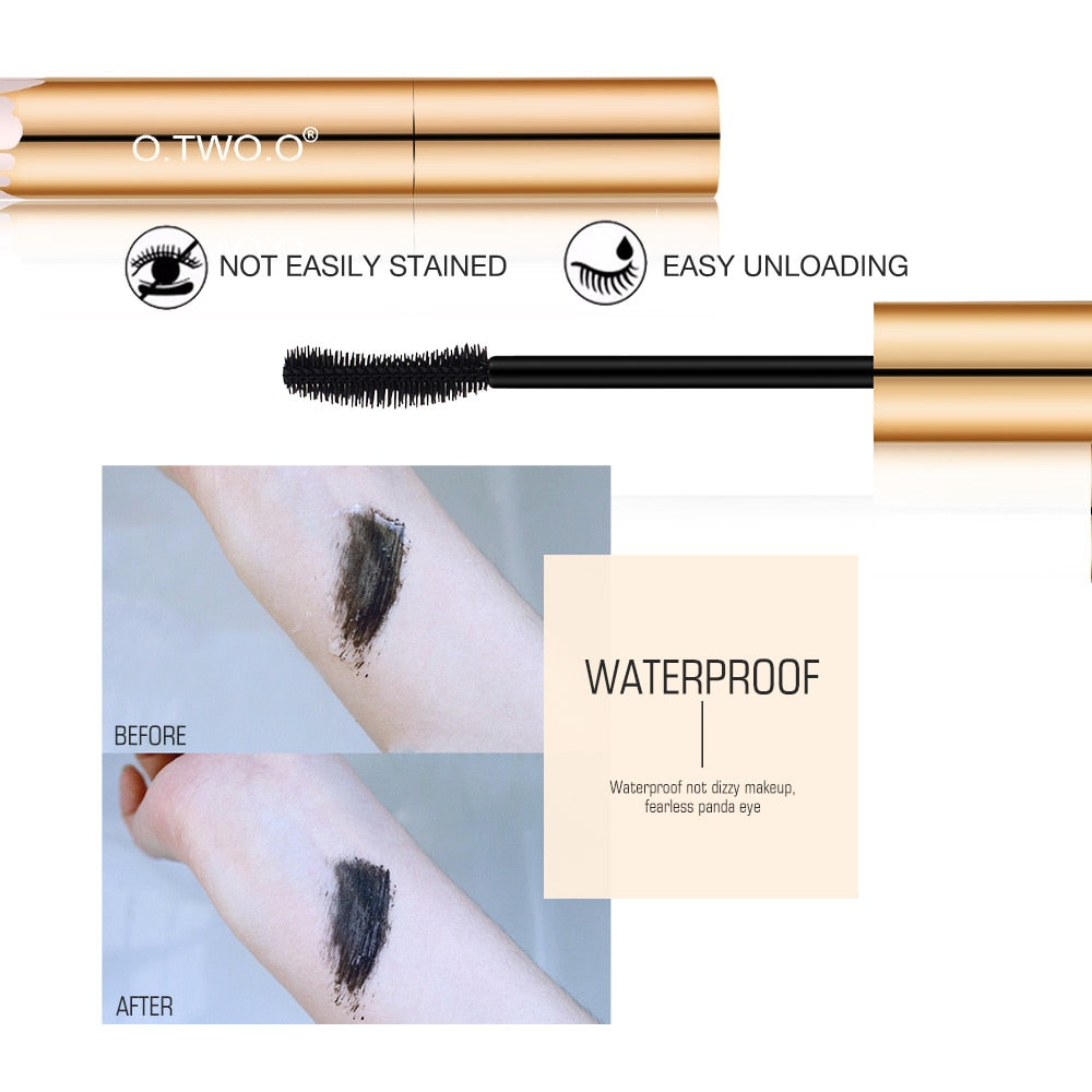 Waterproof FiberLash Mascara wand with smudge-proof arm swatch comparison and gold tube packaging features.