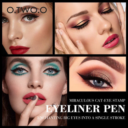 Four models showcasing various cat-eye winged eyeliner looks using the dual-action precision eyeliner stamp pen.