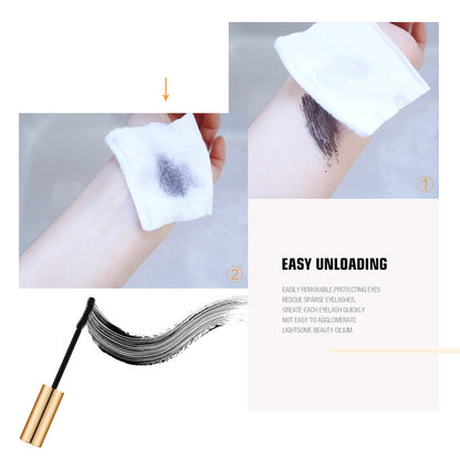 Two-step demonstration of black fiber lash mascara being easily removed from skin with a white cotton pad.
