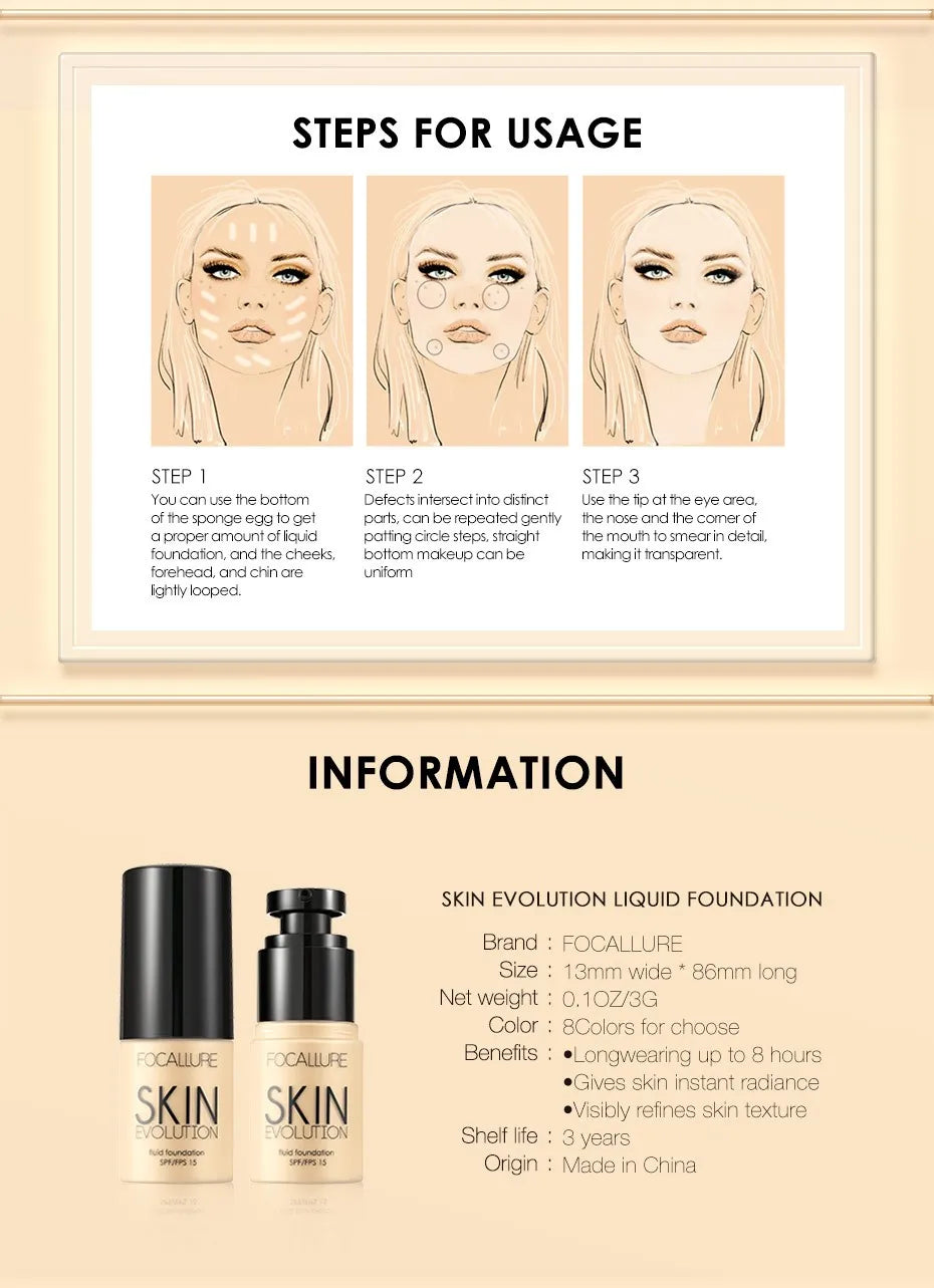 Focallure Skin Evolution Foundation infographic showing 3-step application guide and product specifications.
