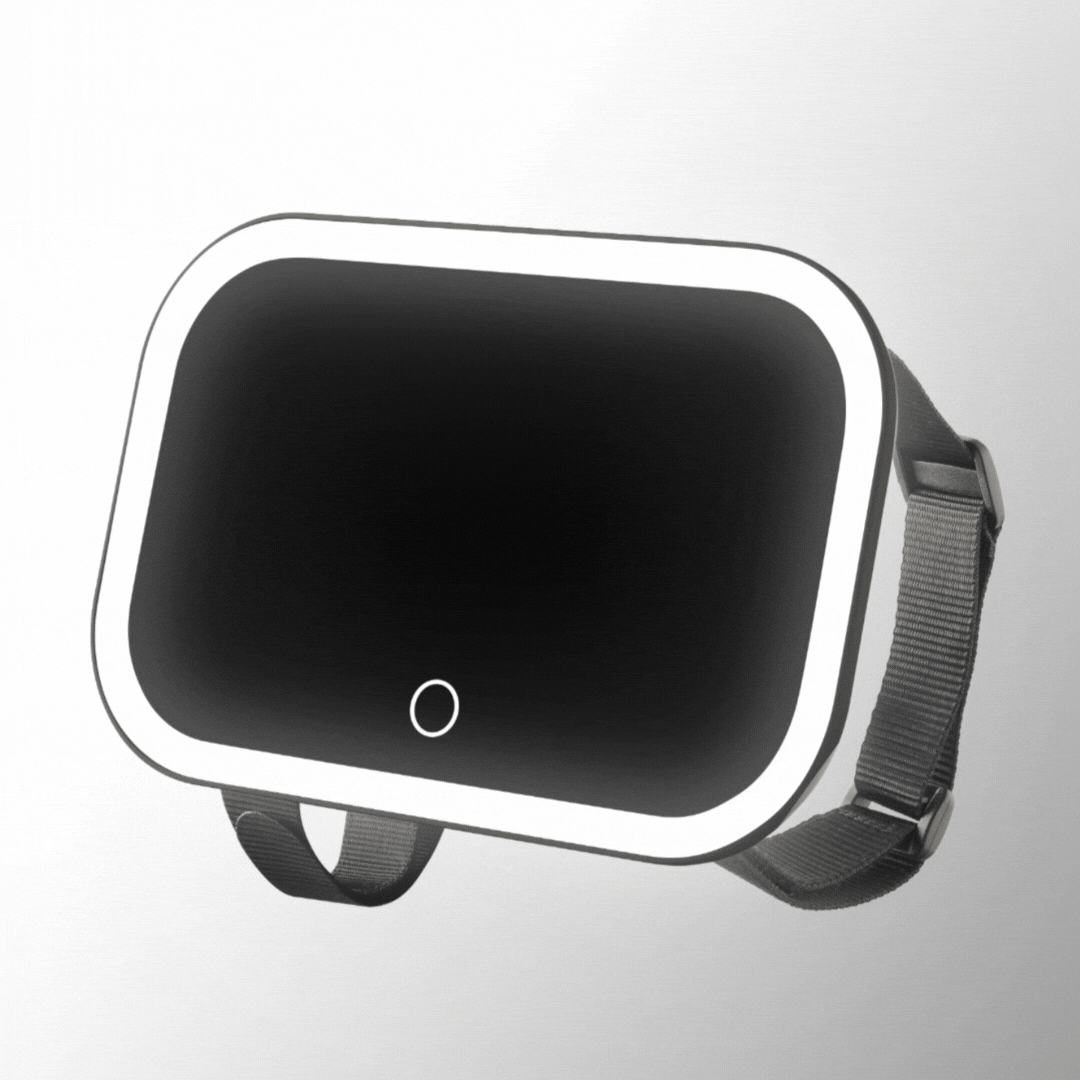 Juni 2 LED lighted car visor mirror with adjustable straps and touch sensor for travel makeup application.