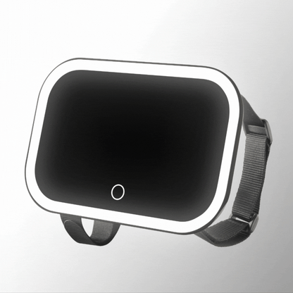 Juni 2 LED lighted car visor mirror with adjustable straps and touch sensor for travel makeup application.