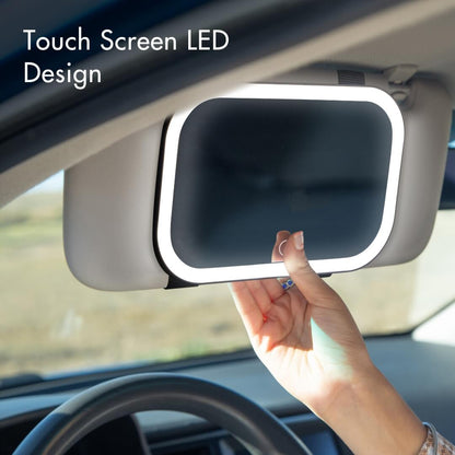 Juni 2 Lighted Car Visor Mirror with touch screen LED design attached to a car sun visor for makeup application.