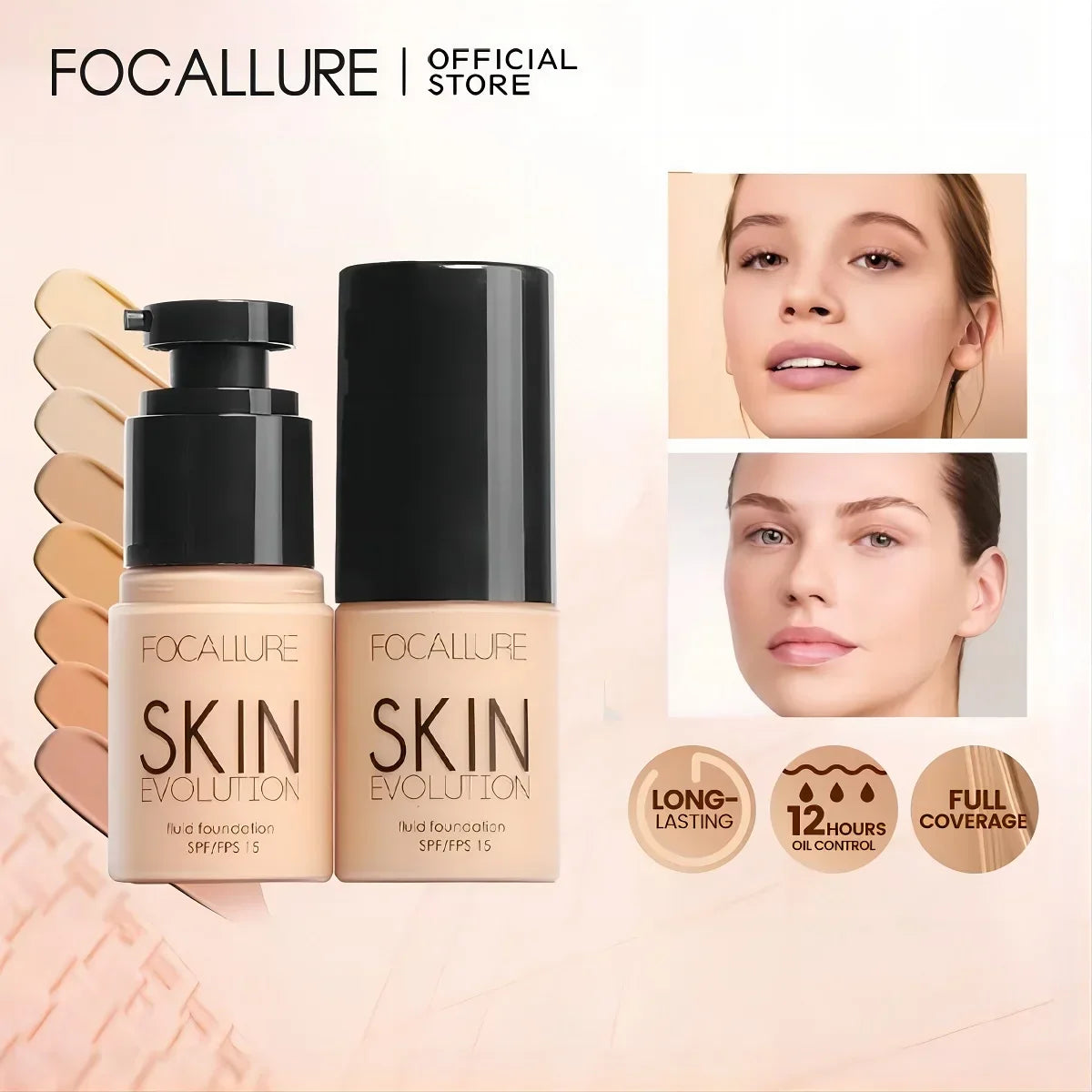 Focallure Skin Evolution Matte Foundation bottles with SPF 15 beside long-wear, 12-hour oil control, and coverage icons.
