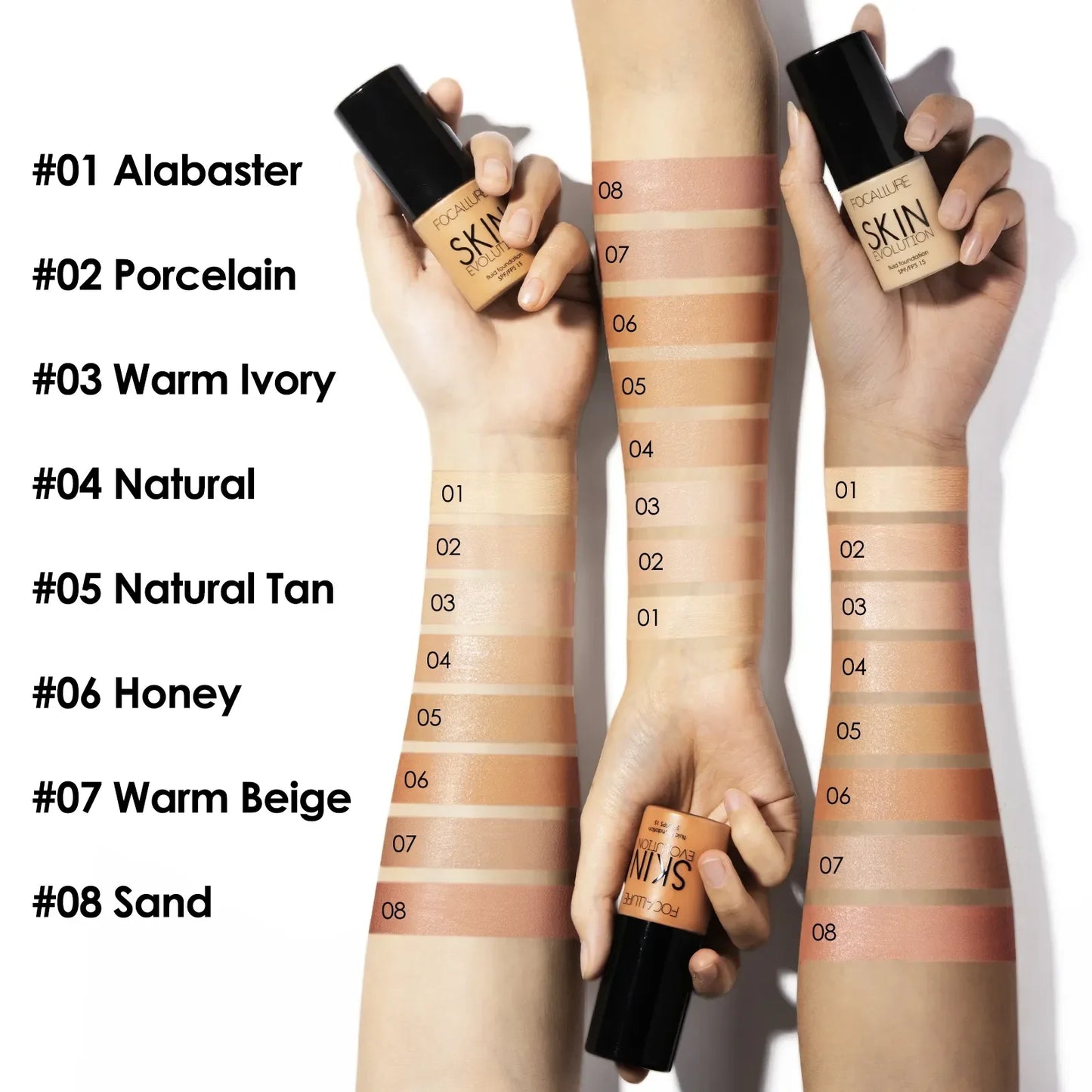 Swatches of Focallure MatteBlend Foundation in eight shades from Alabaster to Sand shown on different skin tones.