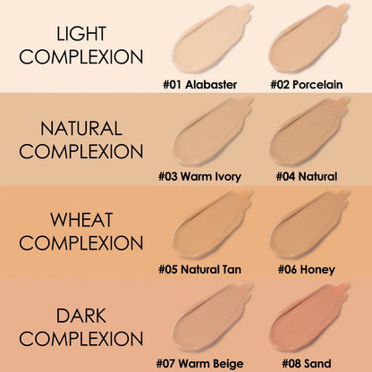 Focallure MatteBlend Foundation shade chart featuring swatches for light, natural, wheat, and dark complexions.
