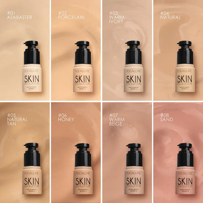 Eight shades of Focallure MatteBlend Foundation bottles displayed with liquid swatches from Alabaster to Sand.
