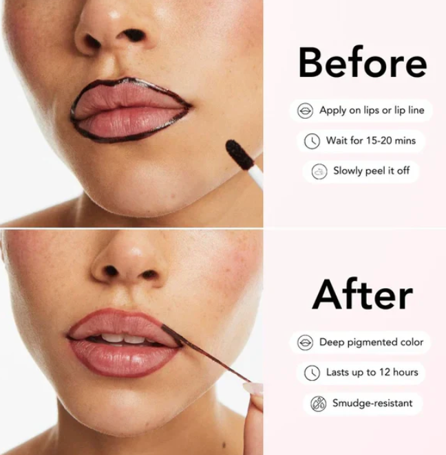 Before and after demo of Stay-N Peel-Off Lip Liner showing application, peeling, and long-lasting matte pigmented color.