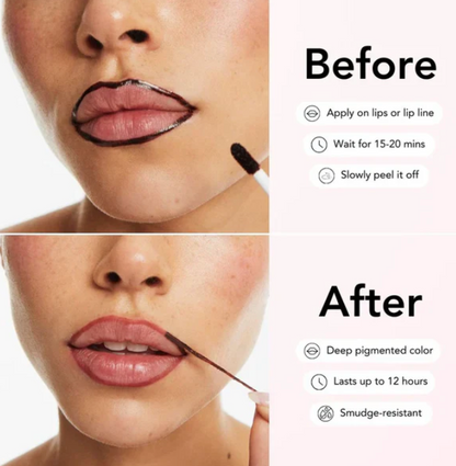 Before and after demo of Stay-N Peel-Off Lip Liner showing application, peeling, and long-lasting matte pigmented color.
