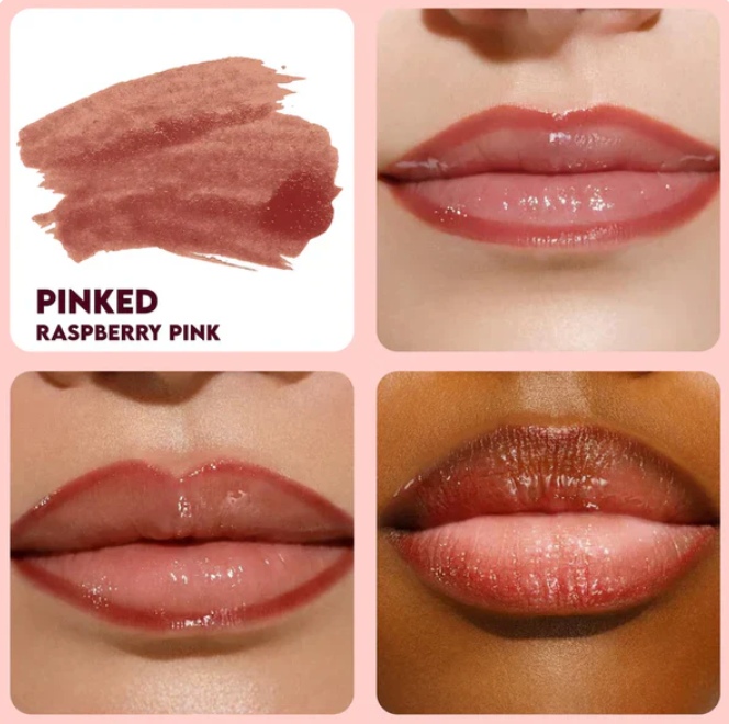 Stay-N Peel-Off Lip Liner in Raspberry Pink: shade swatch and results on light to deep skin tones.