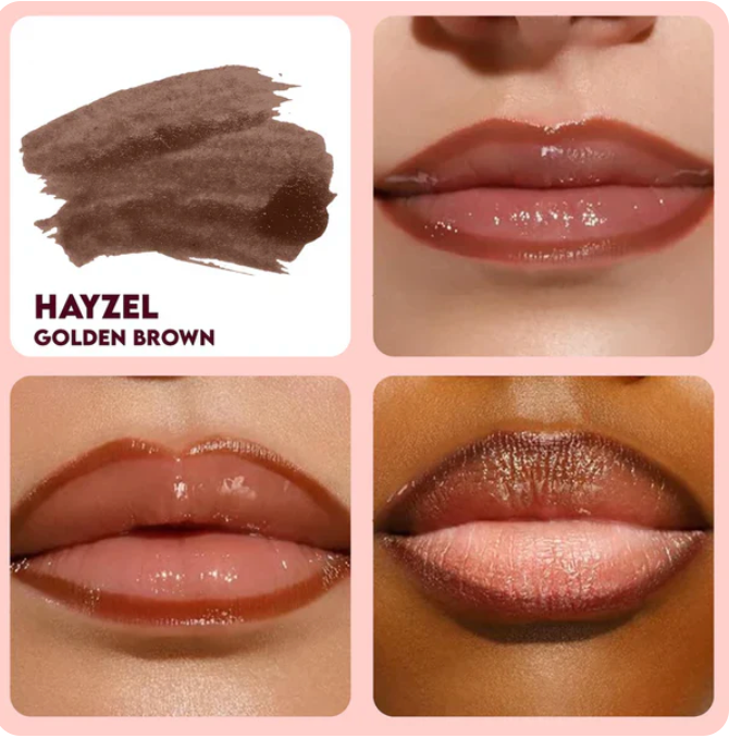Stay-N Peel-Off Lip Liner in Hayzel Golden Brown shown as a swatch and applied to three different skin tones.