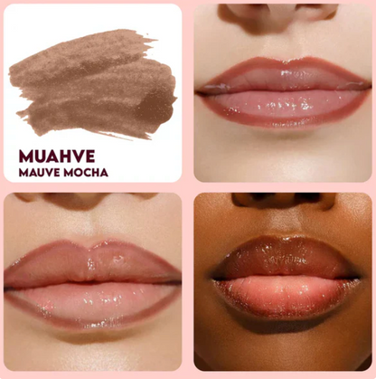 Muahve Mauve Mocha Stay-N peel-off lip liner swatch and model application on different skin tones.