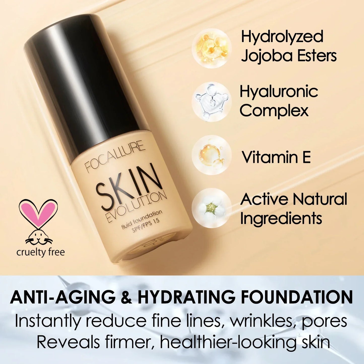Focallure Skin Evolution matte foundation bottle with Vitamin E and Hyaluronic acid for anti-aging and hydration.