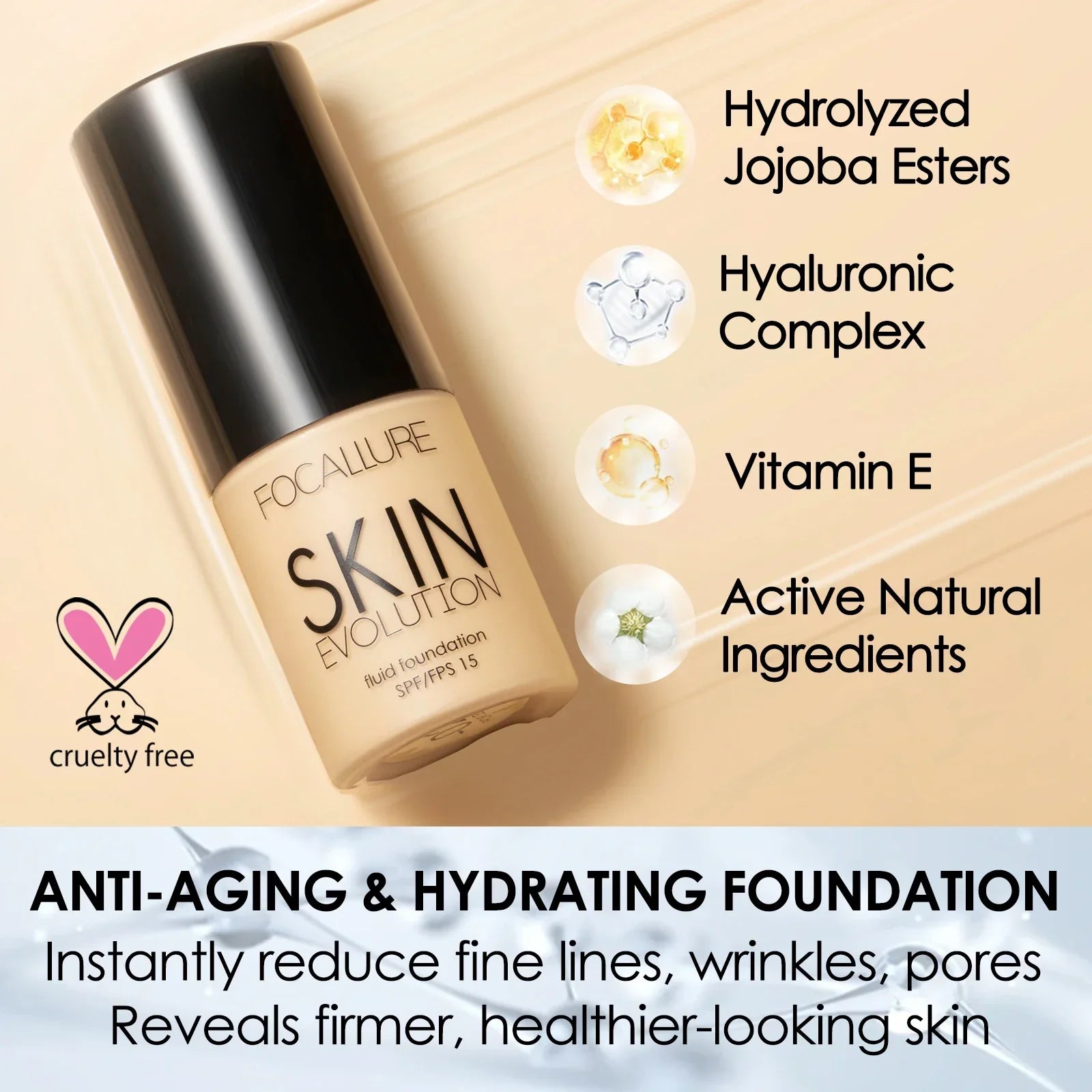 Focallure Skin Evolution matte foundation bottle with Vitamin E and Hyaluronic acid for anti-aging and hydration.
