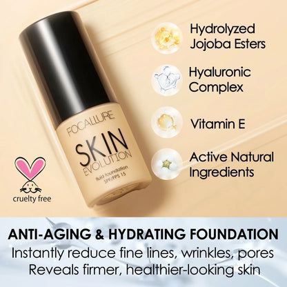 Focallure Skin Evolution matte foundation bottle with Vitamin E and Hyaluronic acid for anti-aging and hydration.