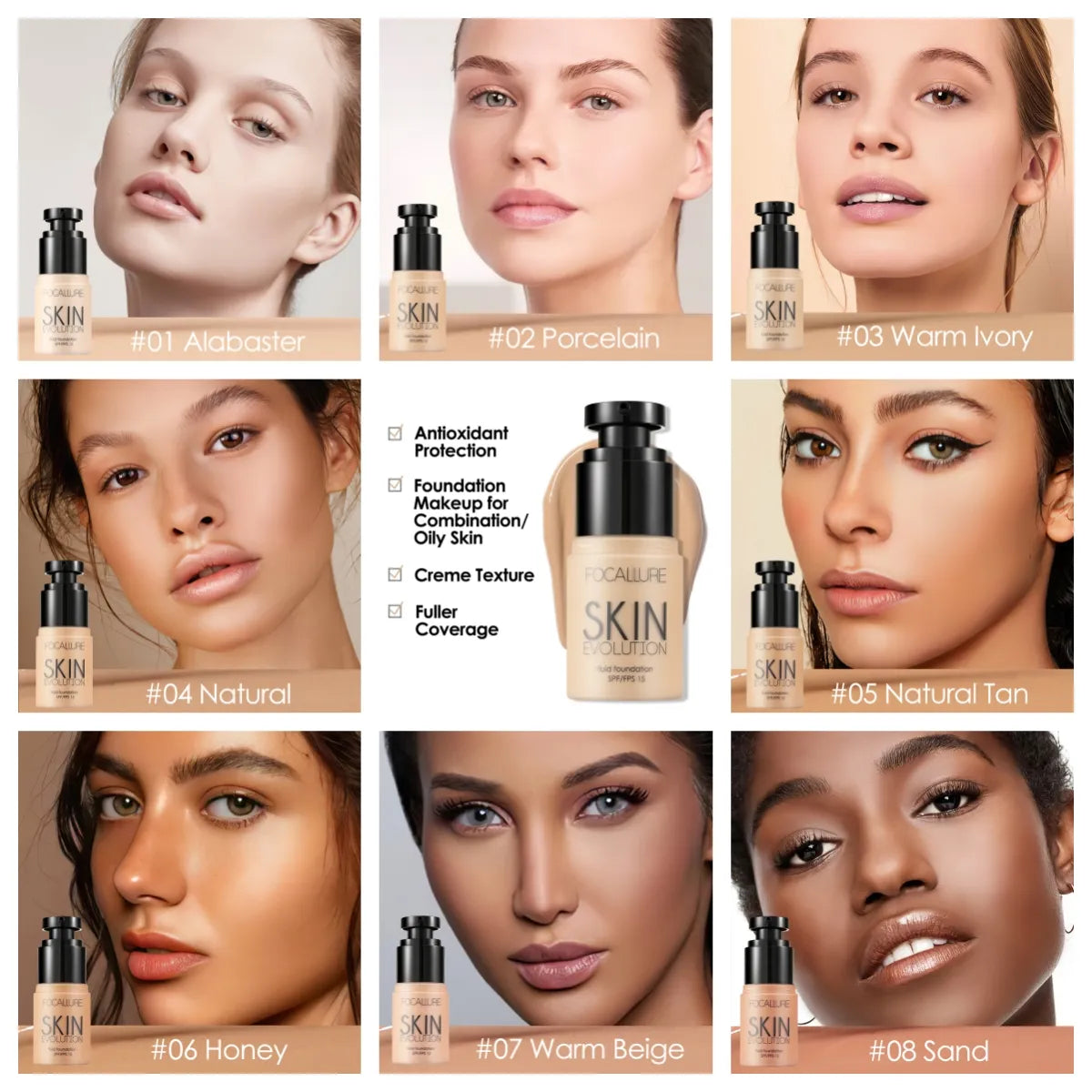 Focallure MatteBlend Foundation shade guide showing eight diverse models wearing shades Alabaster through Sand.