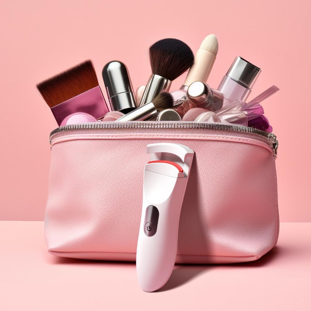 Tasha heated eyelash curler with red silicone pad standing against a pink makeup bag filled with beauty brushes.