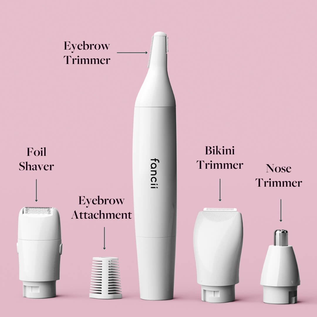 Torri face and body trimmer set with foil shaver, eyebrow, bikini, and nose trimmer interchangeable heads.