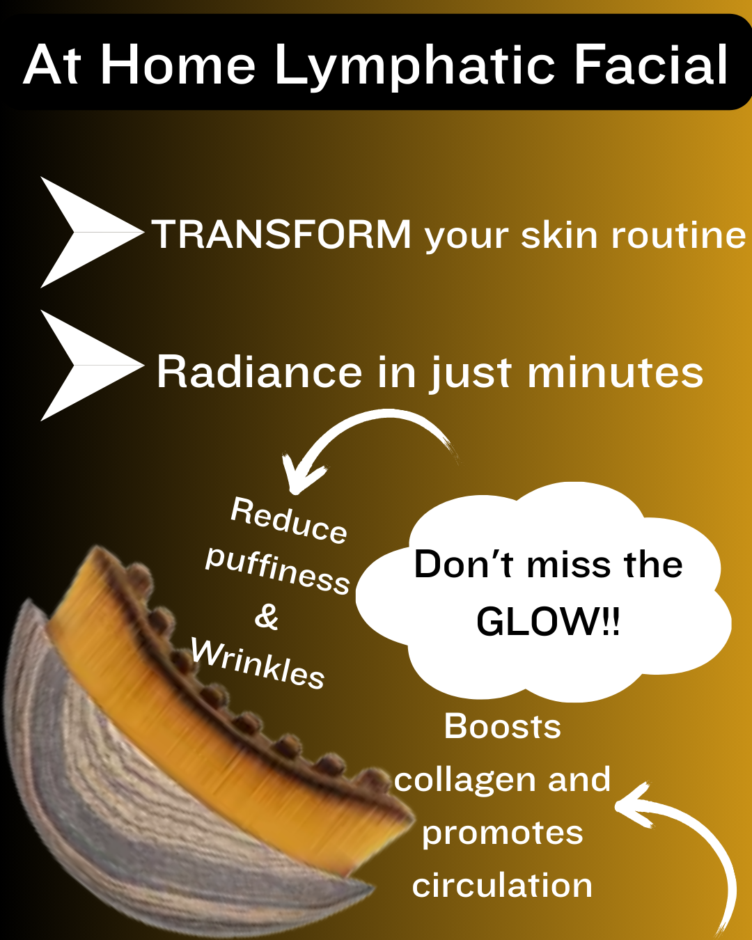 RadiantGlow Lymphatic Facial Brush infographic detailing benefits for reducing puffiness, wrinkles, and boosting collagen.