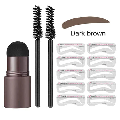 PerfectBrow™ dark brown eyebrow stencil kit featuring a stamp applicator, two spoolie brushes, and 10 reusable stencils.