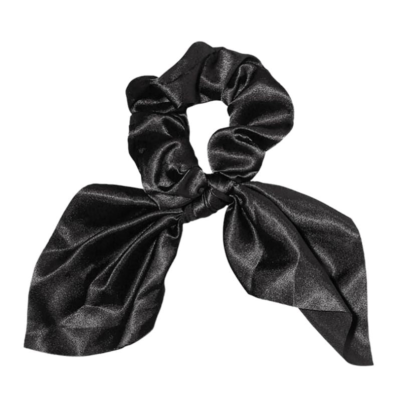 Black Elle satin hair scrunchie with a chic bow detail, made from premium satiny fabric for hair health.