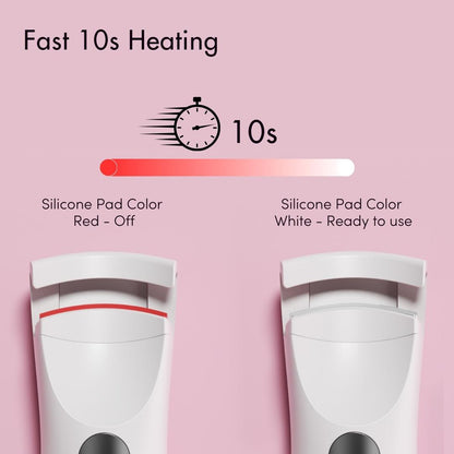 Tasha heated eyelash curler showing 10-second fast heating and color-changing silicone pad from red to white when ready.