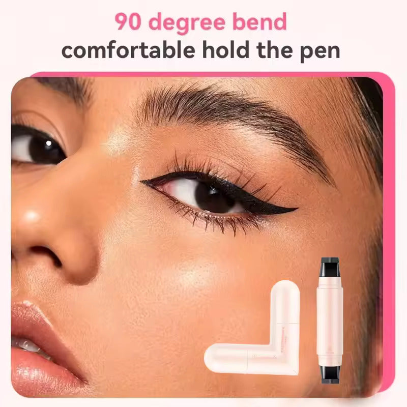 Model with winged eyeliner stamp next to the 90-degree bent eyeliner pen and double-ended seal for comfortable application.