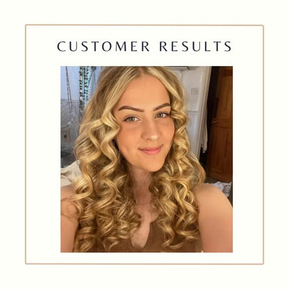 Blonde woman showing bouncy, salon-quality curls achieved using the CurlBliss heatless hair curler set.